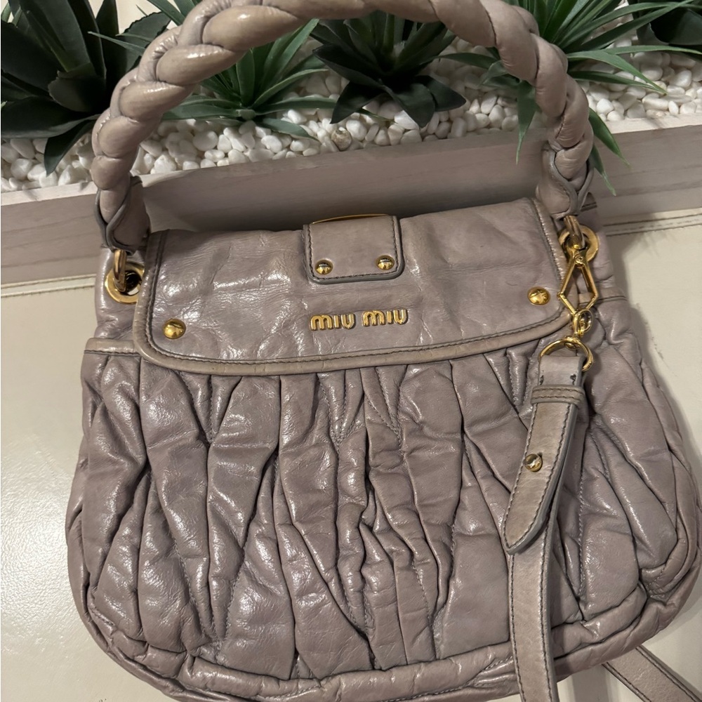 Miu Miu Gray Leather Handbag with Gold Accents - Picture 7 of 14